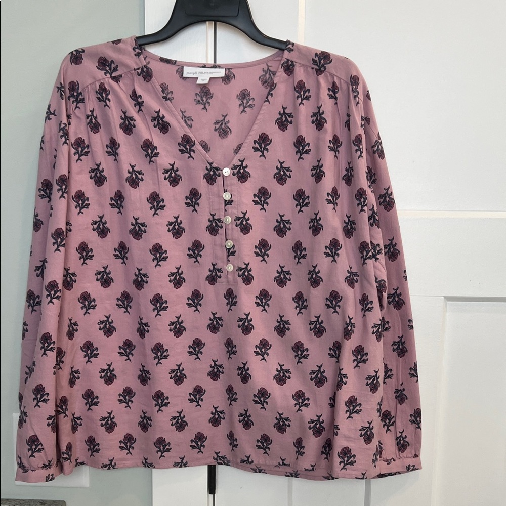 Like new JJill blouse. Beautiful lavender color with navy and mauve flowers.